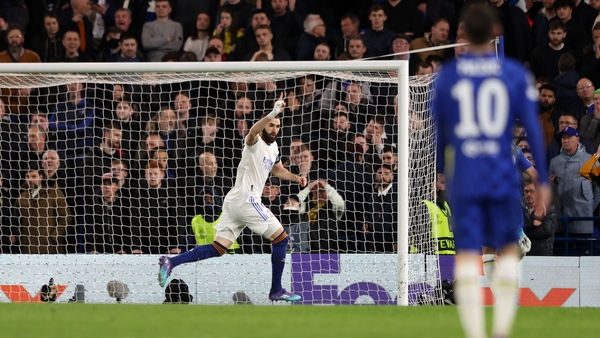 Benzema celebrates after scoring his third goal