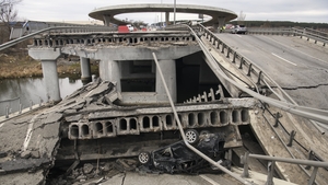 A destroyed bridge over the Irpin river outside Kyiv