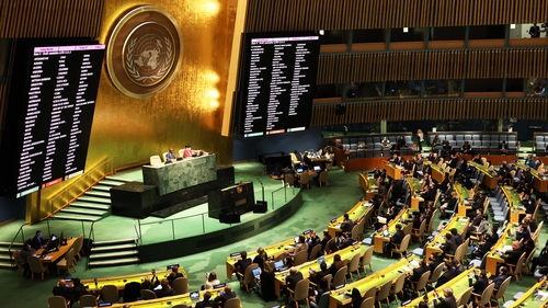 Results of the vote to expel Russia from the UN Human Rights Council is seen on screen at the General Assembly