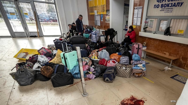 Evacuees at the train station hall in Kramatorsk after rocket attack