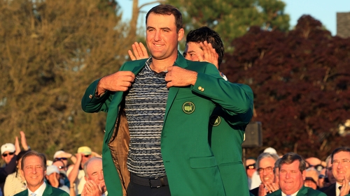 Scottie Scheffler with the green jacket following his three-shot victory at Augusta National