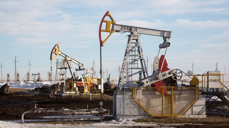 Oil pumping jacks operating in an oilfield near Almetyevsk, Tatarstan, Russia (file pic)