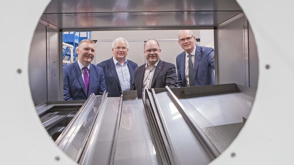 Public Expenditure Minister Michael McGrath, Noel Lynch, Edpac MD with Klas Forsström, CEO The Munters Group and Foreign Affairs Minister Simon Coveney at the Edpac manufacturing plant in Carrigaline, Co Cork