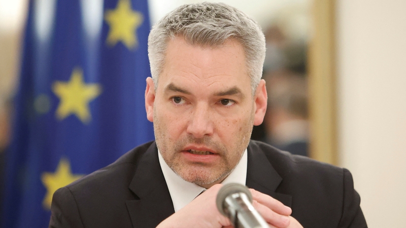 Austrian Chancellor Karl Nehammer speaks during a news conference after talks with Russian President Vladimir Putin in Moscow today