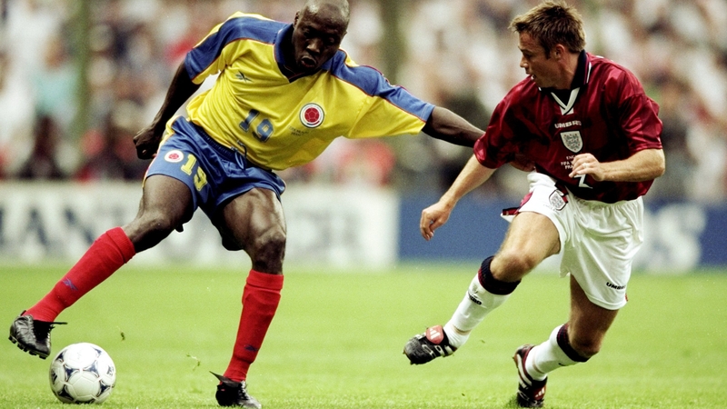 Freddy Rincon in action against England's Graeme Le Saux during the 1998 World Cup
