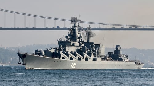 The Russian Navy's guided missile cruiser Moskva sails in the Bosphorus in Istanbul, Turkey in June 2021