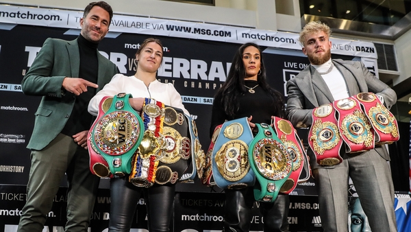 Promoting the big New York fight - (L-R) Eddie Hearn, Katie Taylor, Amanda Serrano and Jake Paul