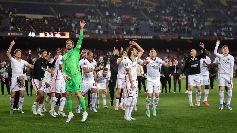 Eintracht Frankfurt's players celebrate a famous victory