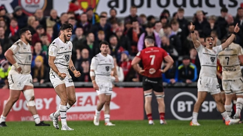 Romain Ntamack of Toulouse celebrates at the final whistle