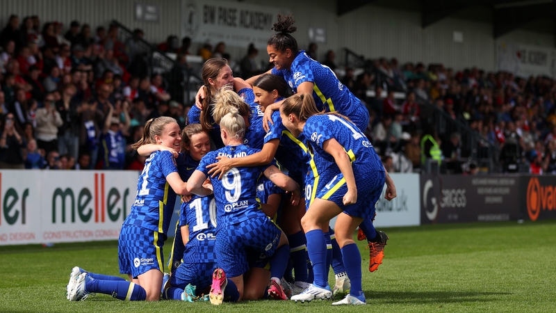 Ji So-yun is mobbed by after scoring Chelsea's second goal