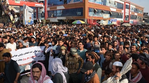 Demonstrators take part in a protest against Pakistani air strikes in Khost yesterday