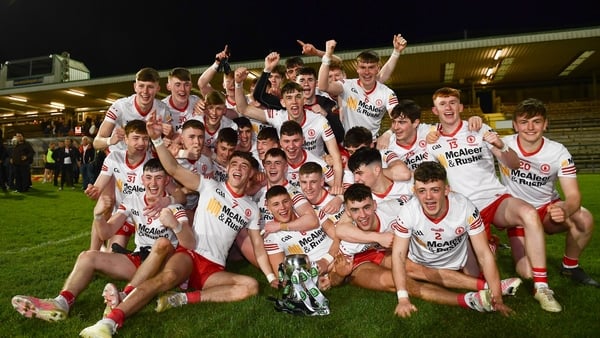 Tyrone players celebrate with the cup after their record 15th Ulster title at U20/21 level