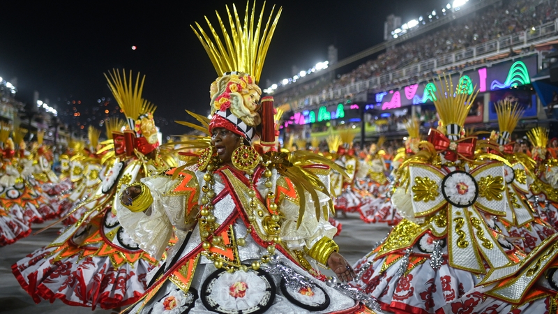 Members of Imperatriz Leopoldinense Samba School perform at the Marques de Sapucai Sambadrome