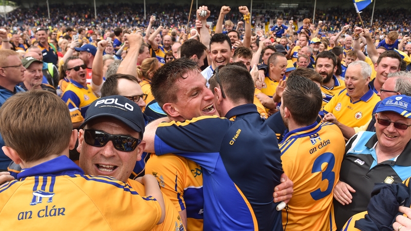 John Conlon celebrates with supporters after Clare beat Tipperary in Thurles in 2018