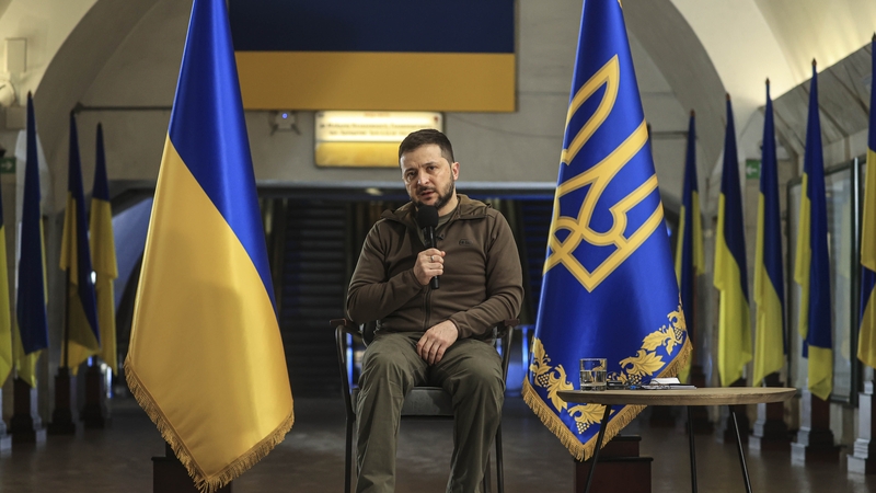 Ukrainian President Volodymyr Zelensky holds a press conference at the Independence Square metro station in Kyiv