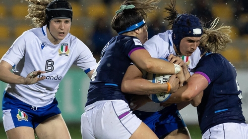 Italy forward Giordana Duca is closed down by the Scottish defence