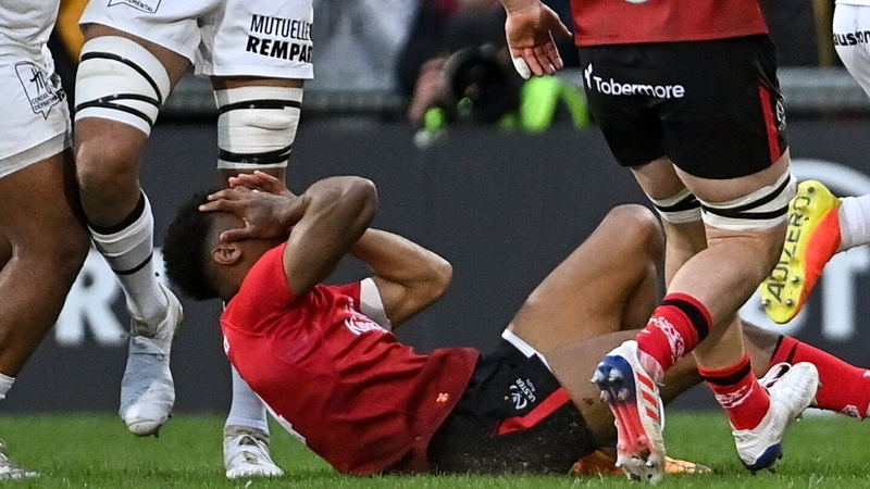 Robert Baloucoune reacts to his mis-timed challenge against Toulouse