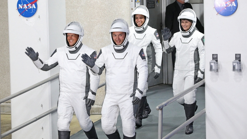Crew-4 mission astronauts (from L) Bob Hines, Kjell Lindgren, Jessica Watkins and Samantha Cristoforetti