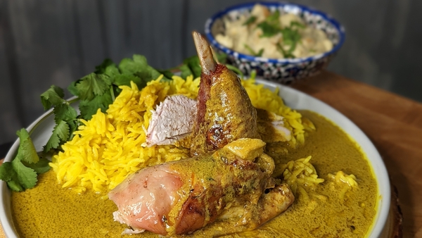 South Indian spicing, lemon pilau rice & mango riata.