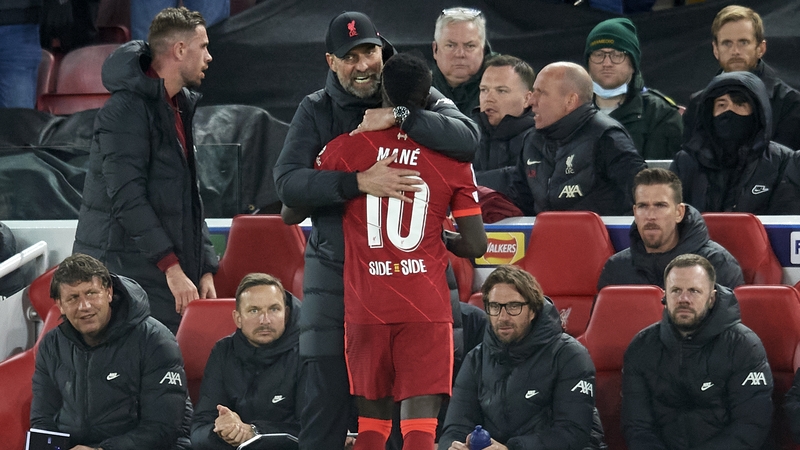 Jurgen Klopp embraces goalscorer Sadio Mane as he makes way for Diogo Jota in the 73rd minute