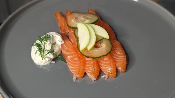 Derry Clarke's cured Irish organic salmon, pickled cucumber, horseradish & chive yoghurt