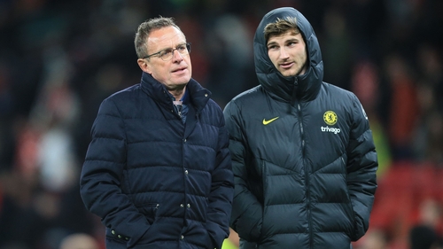 Ralf Rangnick departs the pitch alongside Timo Werner
