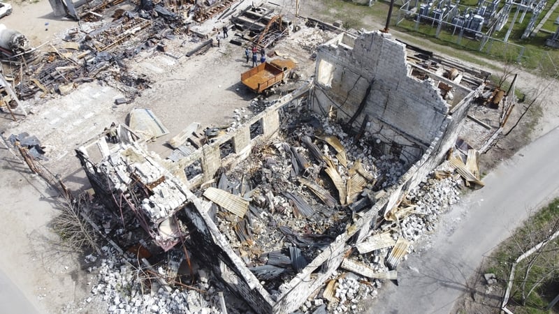 An aerial view of damage as citizens return to Irpin near Kyiv