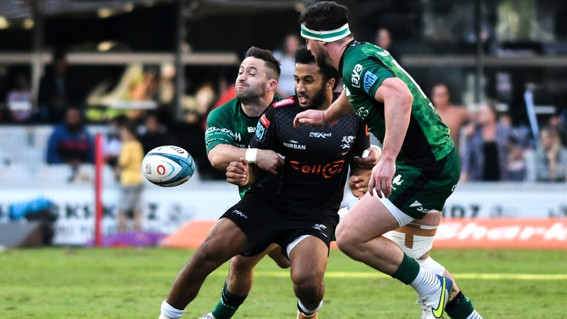 Jaden Hendrikse of the Sharks tackled by Caolin Blade