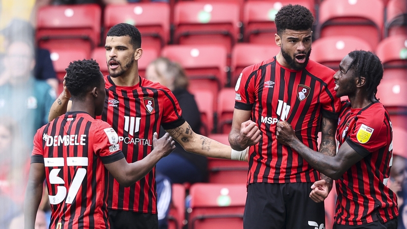 Philip Billing congraulated by team-mates Dominic Solanke, Siriki Dembele and Jordan Zemura
