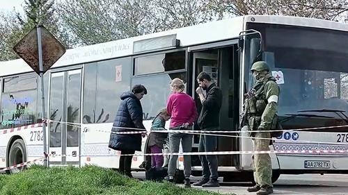 Women and children escaping from Mariupol steelworks plant today
