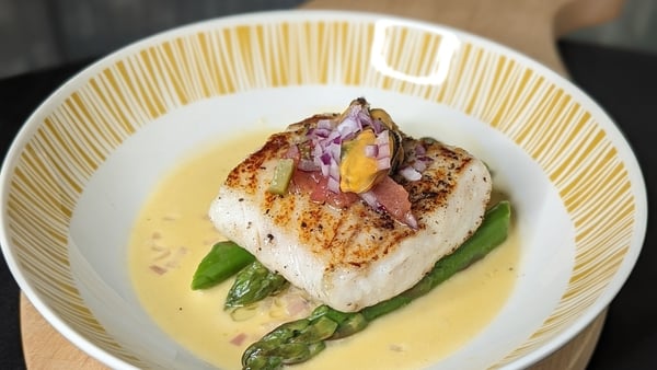 Derry Clarke's seared hake, asparagus spears, mussel & tomato vinaigrette: Today