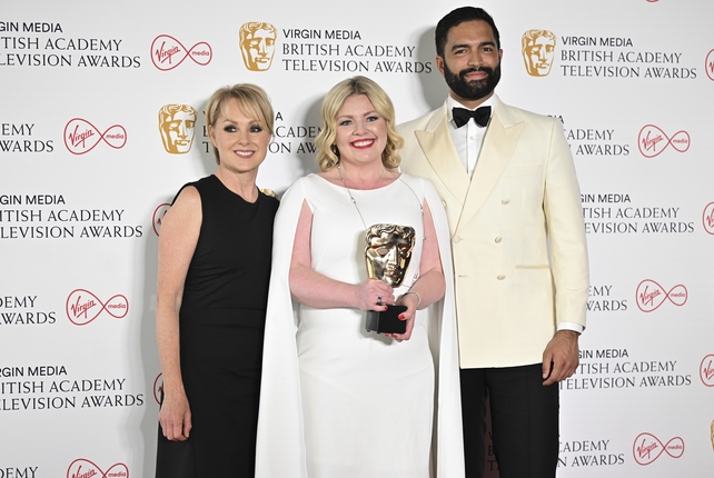 Coronation Street stars Sally Dynevor and Charlie De Melo with producer Verity MacLeod who scooped the BAFTA for Soap and Continuing Drama