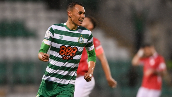 Graham Burke celebrates the second of his three goals against Sligo Rovers