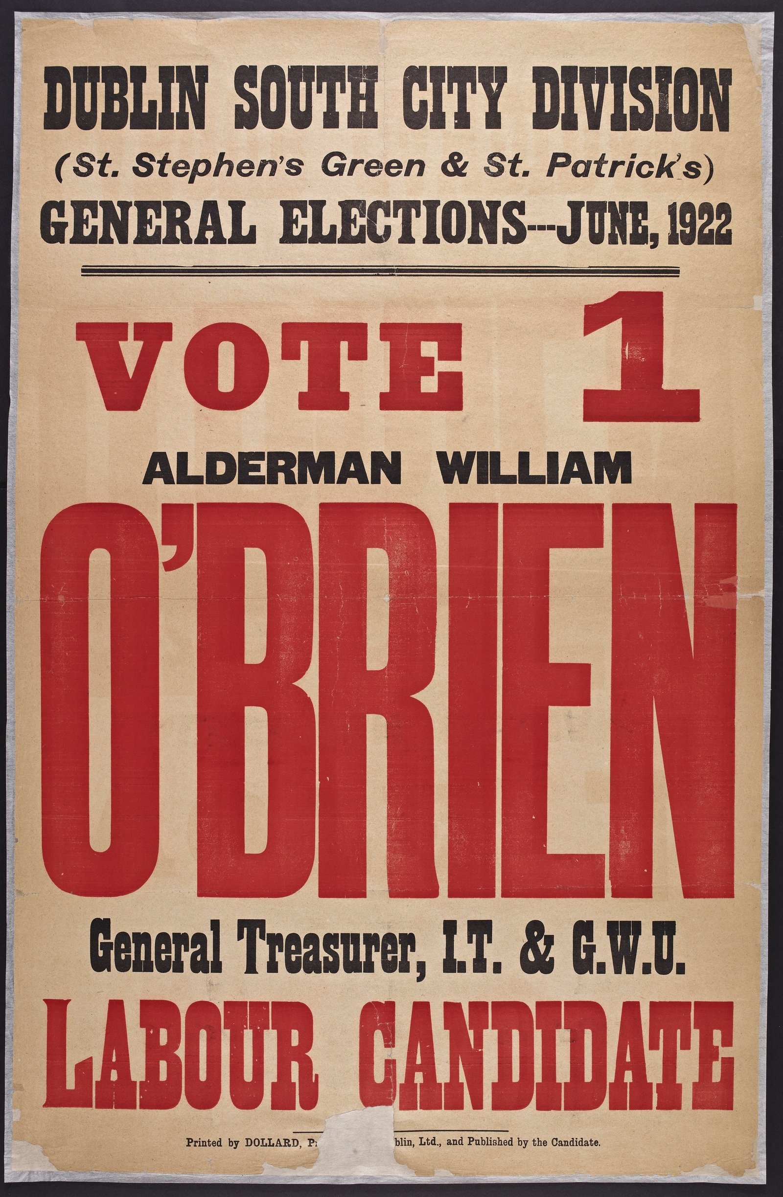 Poster for Labour candidate William O'Brien. Image courtesy of the National Library of Ireland