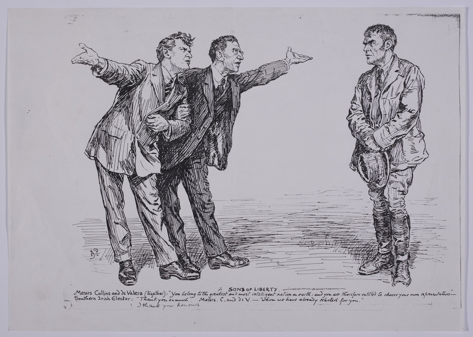A handbill featuring a reprint of a cartoon by Bernard Partidge [B.P] that originally appeared in 'Punch' magazine in May 1922 mocking the Pact Election. This pact confirmed British suspicions of Collins. Image courtesy of the National Library of Ireland