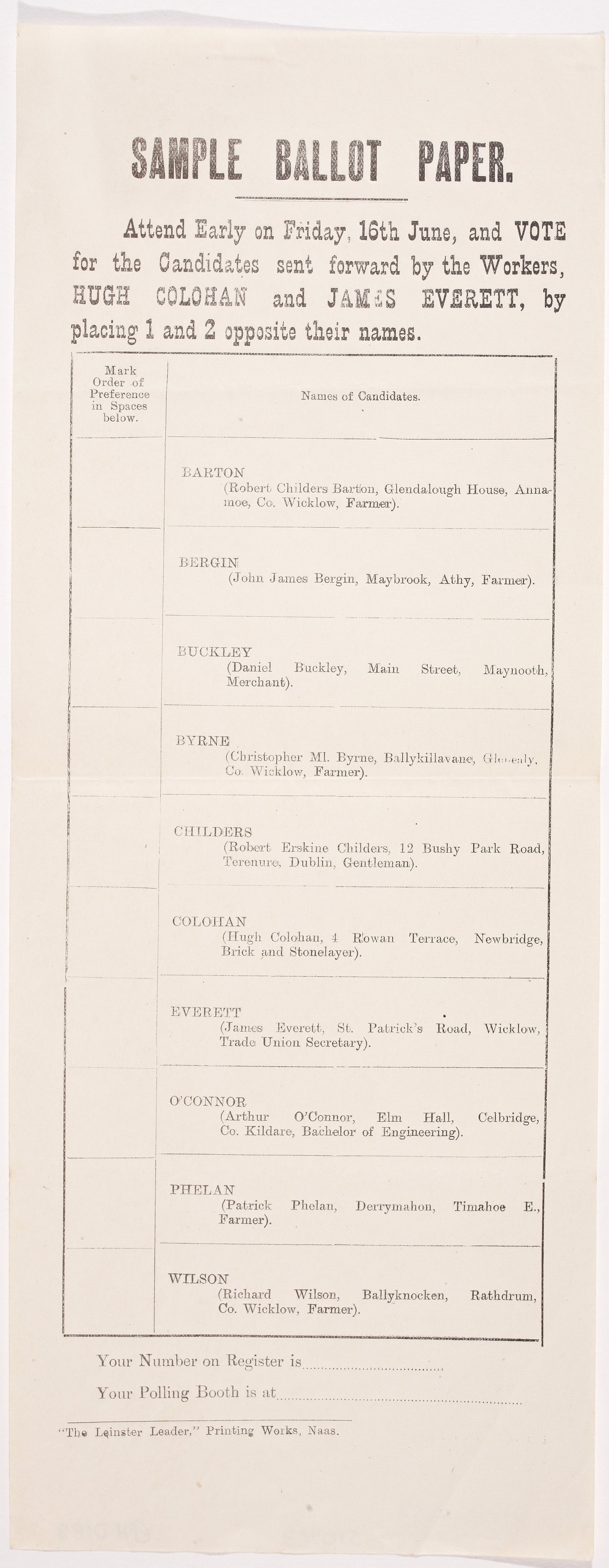Sample ballot paper listing all candidates standing for Co. Wicklow in the 1922 general election but requesting support in particular for the Labour Party candidates. Image courtesy of the National Library of Ireland