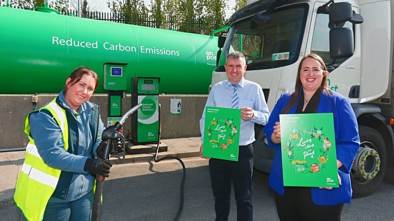 Chief Transformation Officer Nicola Woods (R), An Post HGV driver Jennifer Cloonan (L) and Acting Delivery Services Manager Anthony Kelly
