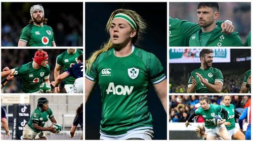 From top left clockwise: Mack Hansen, Sam Monaghan, Hugo Keenan, Caelan Doris, Eve Higgins, Linda Djougang and Josh van der Flier