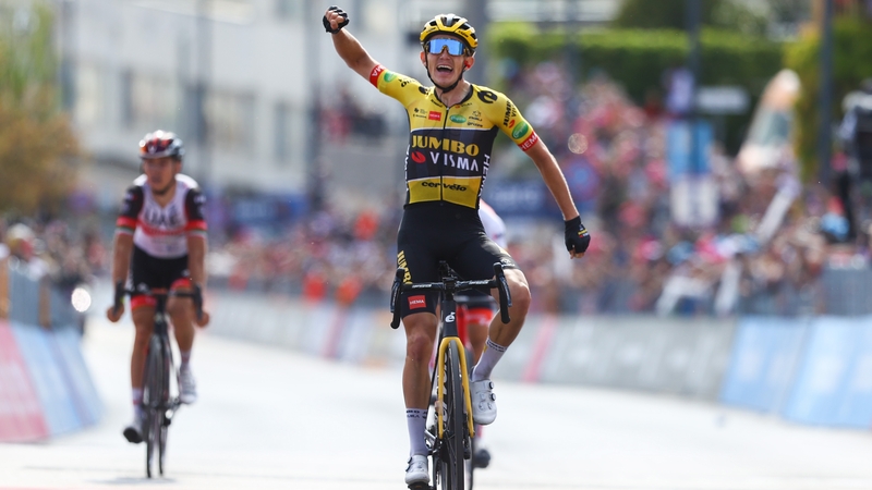 Koen Bouwman celebrates winning the stage