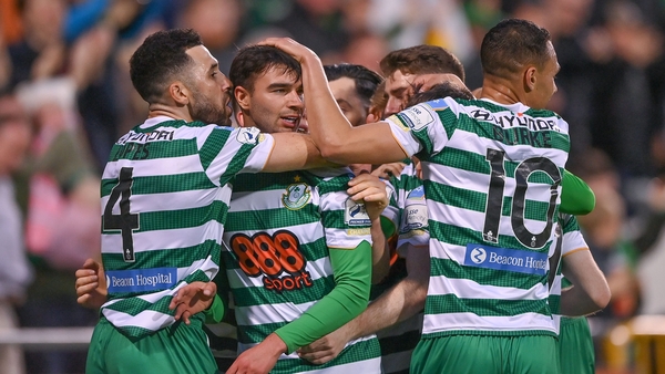 Shamrock Rovers players celebrate Danny Mandroiu's goal at Tallaght Stadium