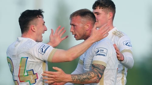 Stephen Walsh (centre) struck twice for Galway United