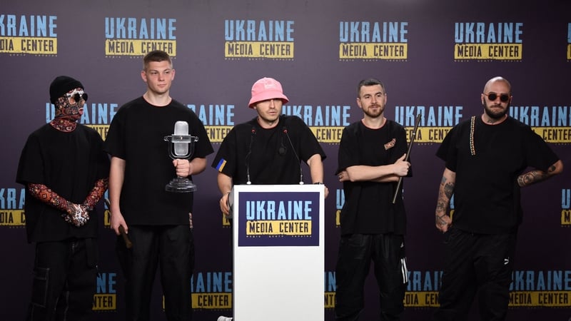 Oleh Psiuk (centre) and members of Ukraine's Kalush Orchestra, winners of the Eurovision Song Contest, attend a press conference in the western Ukrainian city of Lviv on Tuesday Photos: Getty Images