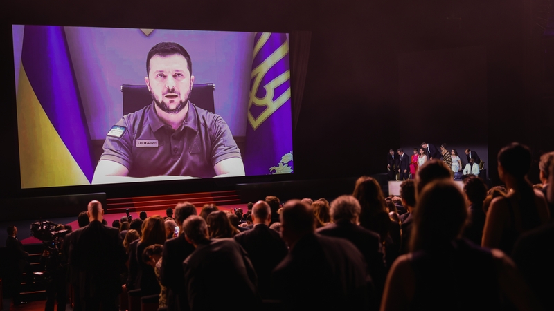 President of Ukraine Volodymyr Zelenskyy speaks in a live link-up video during the opening ceremony for the 75th annual Cannes film festival at Palais des Festivals in Cannes, France. (Photo by Andreas Rentz/Getty Images)