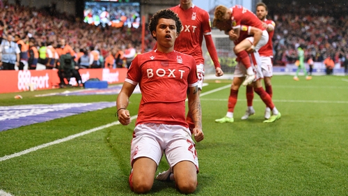 Brennan Johnson celebrates Forest's first-half goal