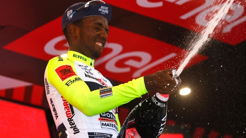 Biniam Girmay suffered the eye injury on the podium while attempting to uncork a bottle of prosecco on the podium