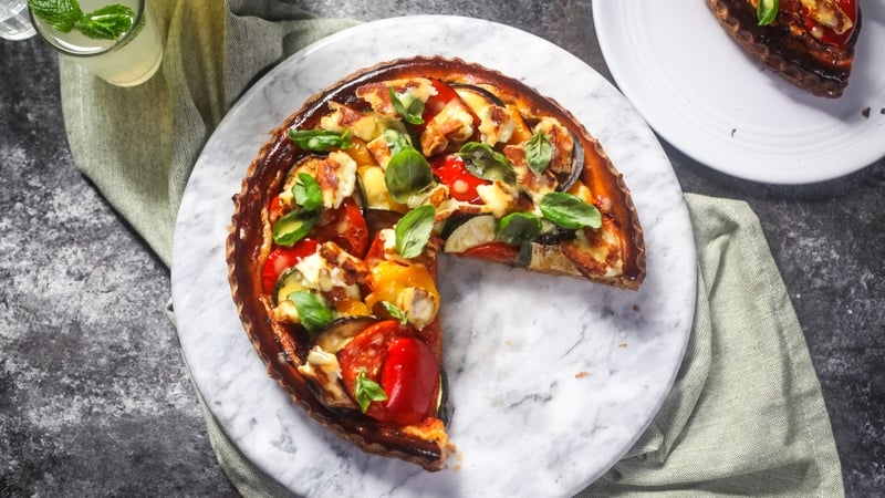 Mark Moriarty's ratatouille tart, halloumi, basil with French dressing