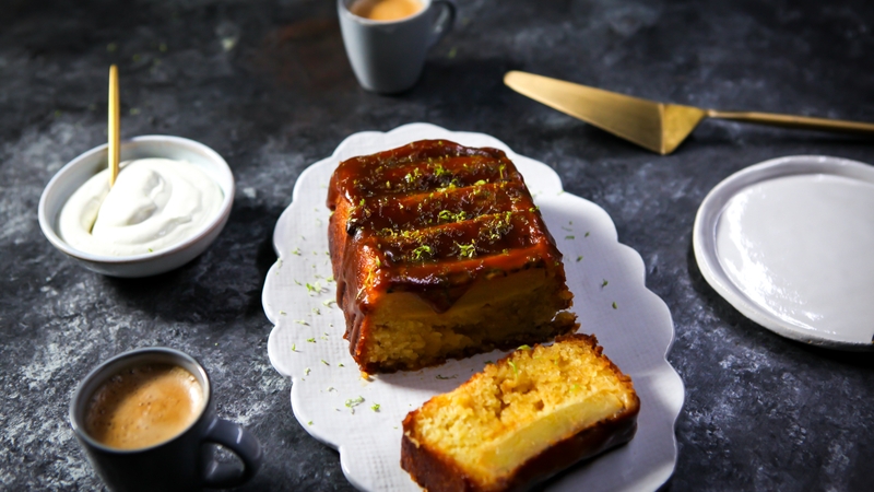 Mark Moriarty's pineapple tipsy cake, lime crème fraiche