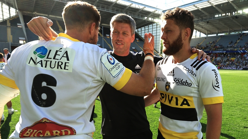 Ronan O'Gara celebrates with his team following their semi-final win over Racing 92