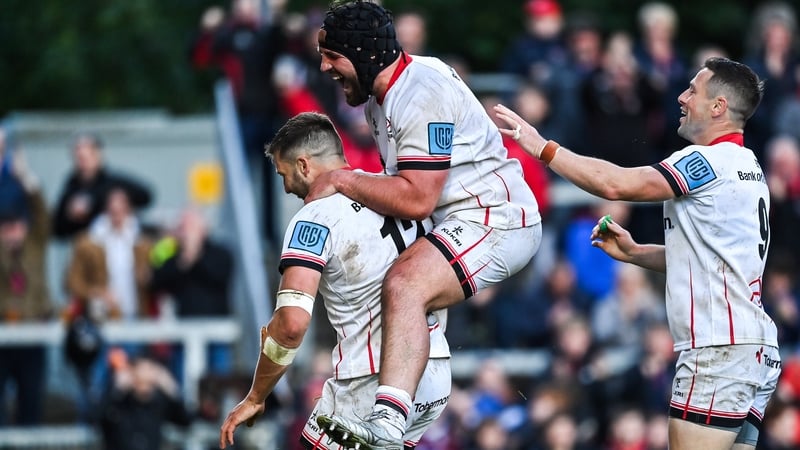 Stuart McCloskey, Tom O'Toole and John Cooney celebrate McCloskey's second half try