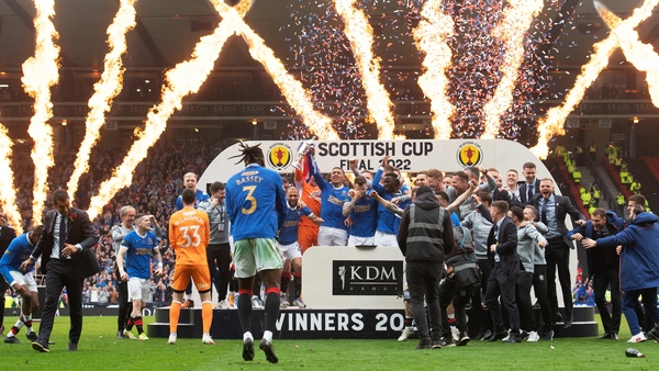 Rangers captain James Tavernier hoists the Scottish Cup aloft at Hampden